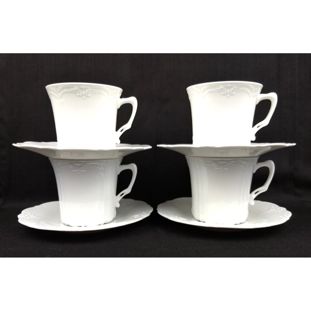 Tirschenreuth Baronesse Cup & Saucer Set of 4 White Porcelain Embossed Scroll